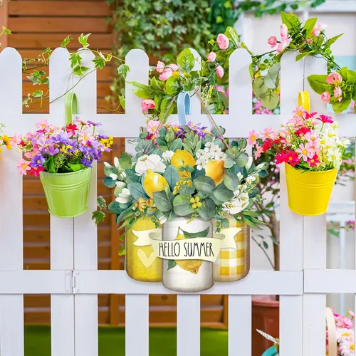 Miniatura 7 de Karenhi Letrero de madera con texto en inglés «Hello Summer» de bienvenida para puerta delantera, colgador de madera, letrero de puerta de verano