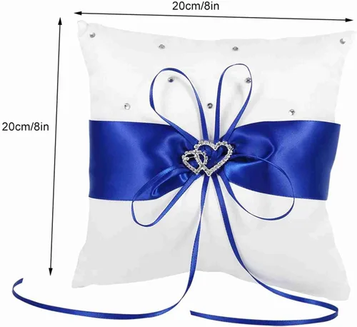 Miniatura 2 de Tyenaza Almohada portadora de anillo, almohada de anillo de boda de 7.8 pulgadas, soporte para anillo azul real, cojín de doble corazón
