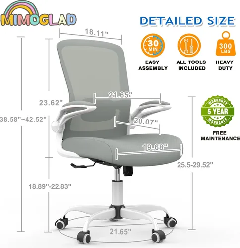 Miniatura 2 de Mimoglad Silla de oficina ergonómica de malla con respaldo alto, soporte lumbar ajustable, cojín de asiento grueso (moderno, gris luna)