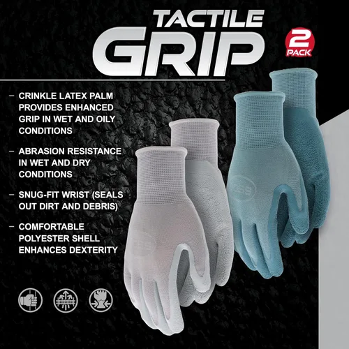 Miniatura 6 de BOSS Guantes de trabajo recubiertos de látex arrugado con agarre táctil para mujer, 2 paquetes, resistentes a la abrasión y al agua, talla grande