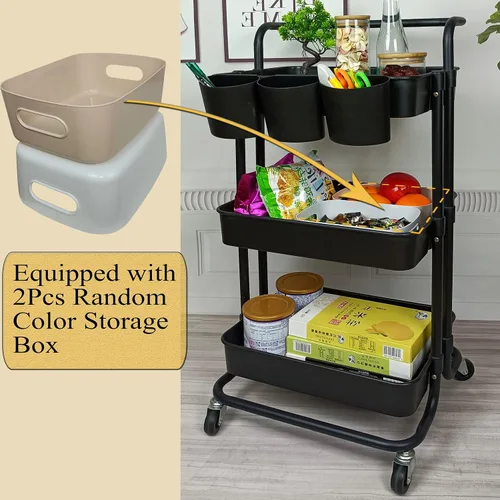 Miniatura 6 de Estante organizador de almacenamiento de 3 niveles con 3 tazas colgantes, 8 ganchos, 2 cajas de almacenamiento para el hogar, oficina, cocina, baño