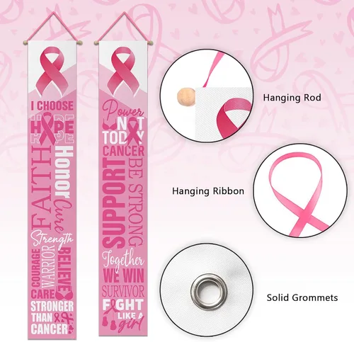 Miniatura 3 de Letrero de cinta rosa para porche de concienciación sobre el cáncer de mama, mensaje inspirador de apoyo de fe y esperanza para puerta delantera
