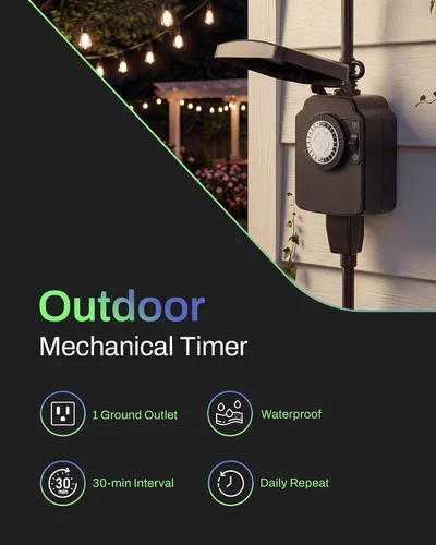 Miniatura 2 de BN-LINK Temporizador de luz mecánico para exteriores de 24 horas, impermeable, resistente, 15 A 1/2 HP, 1 toma de temporizador con conexión a tierra