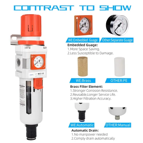 Miniatura 5 de NANPU 1/2 "NPT Embedded Gauge Compressed Air Filter/Regulador Piggyback Combo, Drenaje Automático, Elemento de Latón de 5 Micrones, Cuenco