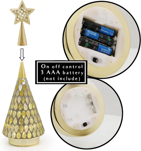 Miniatura 6 de Árbol de Navidad de vidrio con mosaico dorado con estrella, 2 piezas de árboles de Navidad pequeños de mesa con luz, árbol de Navidad a