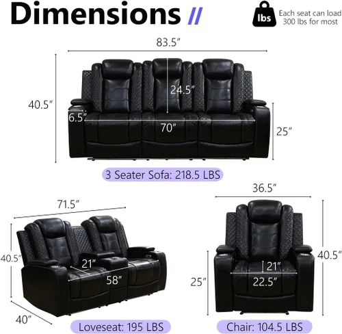 Miniatura 2 de Juego de Sofá Reclinable Eléctrico, Juego de Sofá y Sillón Reclinable de Cuero Negro, Juegos de Muebles de Sala de Estar, Sofá de Dos Plazas