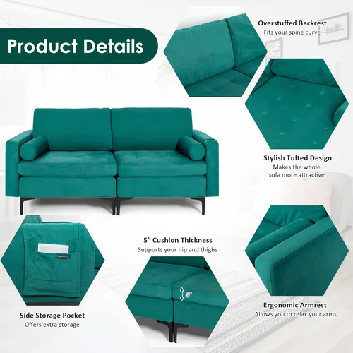 Miniatura 5 de KOMFOTT Sofá de dos plazas, tapizado para sala de estar, asientos de dos plazas modernos con 2 almohadas de refuerzo, bolsillo para revista, sofá