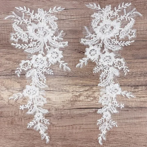 Miniatura 4 de 1 par de apliques de encaje con bordado de flores de lentejuelas, parches para coser para boda, vestido de novia, vestido de fiesta, ropa, corpiño