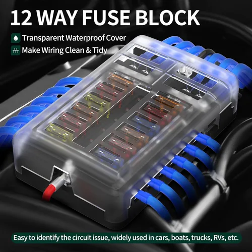 Miniatura 6 de DaierTek Bloque de fusibles de 12 vías, bloque de fusibles de hoja de 12 voltios con indicador LED, caja de fusibles de 12 circuitos 12V, panel