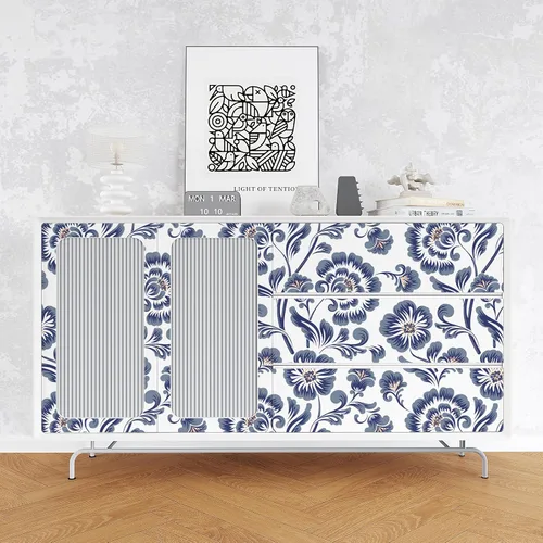 Miniatura 7 de VEELIKE Papel tapiz autoadhesivo con diseño floral vintage gris y azul de 17.7 x 354 pulgadas, papel de contacto autoadhesivo extraíble