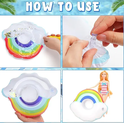 Miniatura 7 de Juego de 9 flotadores de piscina, accesorios de natación para muñecas de niña, divertido anillo de fiesta en piscina, soporte inflable para bebidas