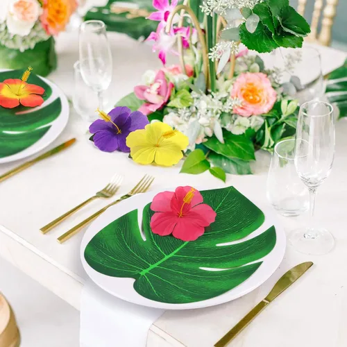 Miniatura 4 de 126 piezas de suministros para decoraciones de fiesta Luau, hojas de palma tropicales, flores de hibisco, hojas artificiales simuladas para fiestas