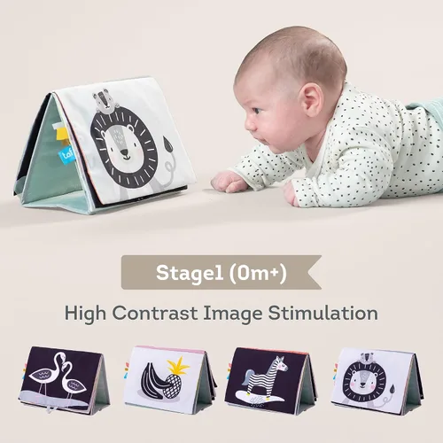 Miniatura 2 de Taf Toys Libro sensorial para el tiempo boca abajo con páginas arrugadas y texturas suaves, patrones de alto contraste, espejo seguro para bebés