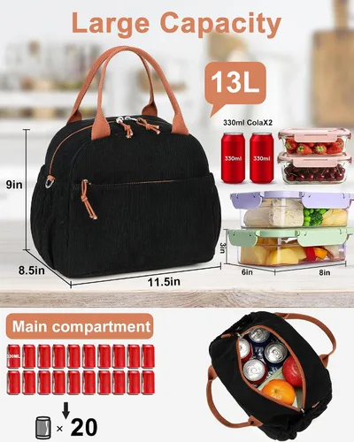 Miniatura 2 de Bluboon Bolsa de almuerzo para mujer, bonita bolsa de almuerzo de pana con correa para el hombro, reutilizable, aislada, gran capacidad