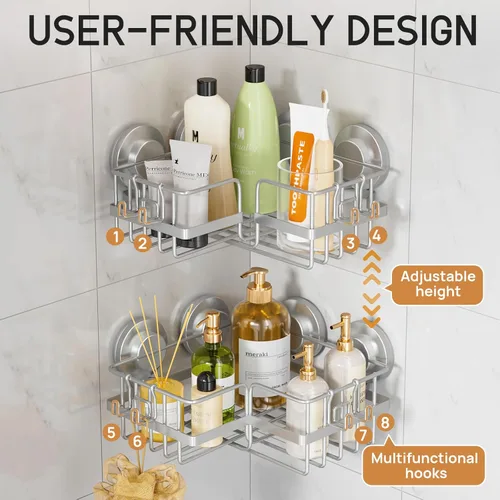 Miniatura 5 de LEVERLOC Organizador de ducha con ventosa adaptable a la esquina, paquete de 2 unidades, estante de ducha esquinero de acero inoxidable a prueba