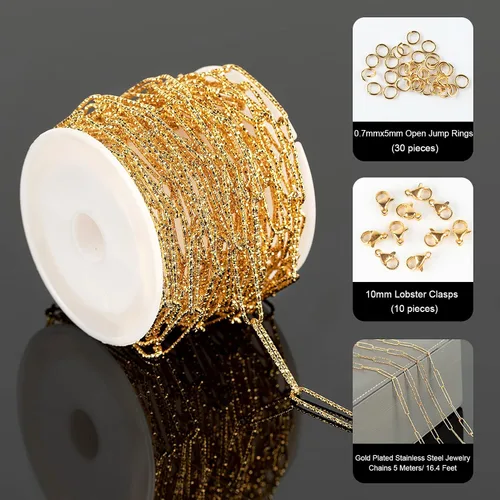 Miniatura 2 de YOUBEIYEE Cadena de acero inoxidable de 16.4 pies para hacer joyas, cadenas chapadas en oro con clip en relieve, a granel con anillos de salto