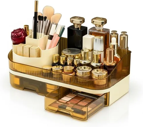 Organizador de maquillaje para encimera con cajones dobles, almacenamiento de cosméticos de gran capacidad para tocador de baño, cuidado de la piel,