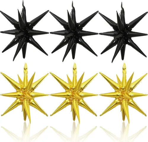 Miniatura 20 de HILAVO 6 unidades de Globos de Estrella Negros y Rojos, 22 Pulgadas, Globos de Aluminio Grandes en Forma de Estrella, Globos de Cono en Punta