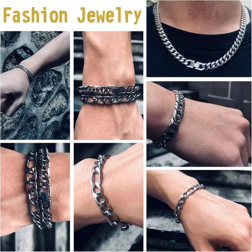 Miniatura 6 de Collar de pulsera Figaro de eslabones cubanos de 3 piezas, plata dorada y negra, resistente acero inoxidable 316L, cadena Figaro de eslabones