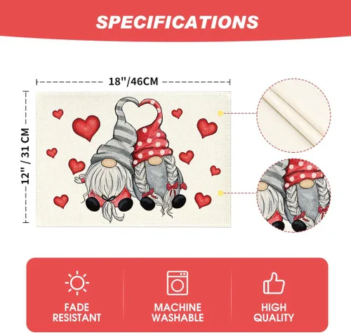 Miniatura 6 de Artoid Mode Juego de 4 manteles individuales con diseño de gnomos y corazones de San Valentín, 12 x 18 pulgadas, para boda, aniversario, primavera
