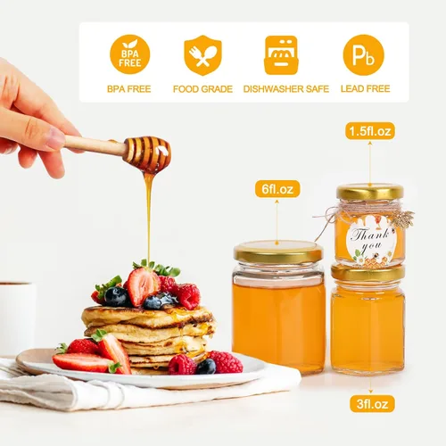 Miniatura 7 de Mini tarros de miel de 1.5 onzas – Paquete de 60 tarros hexagonales de vidrio con varitas de miel de madera, tapas doradas, colgantes de abeja