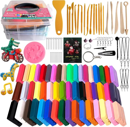 Kit de arcilla polimérica de 50 colores, kit de arcilla para modelar horno, arcilla creativa con 19 herramientas de arcilla y 10 tipos de