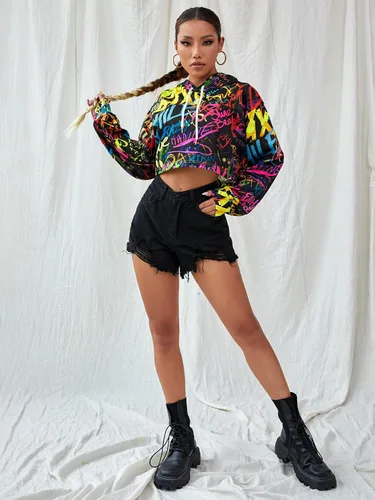 Miniatura 5 de OYOANGLE Sudadera corta con capucha para mujer, manga larga, estampado de grafiti, sudadera con capucha