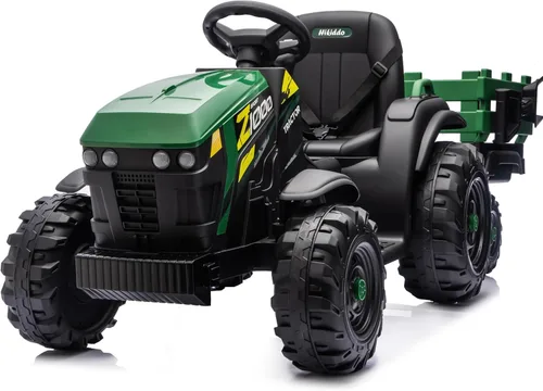 Miniatura 11 de Hikiddo Juguete tractor de paseo para niños de 24 V, tractor eléctrico para niños de 3 a 8 años con remolque, motores de 2 x 200 W, color negro