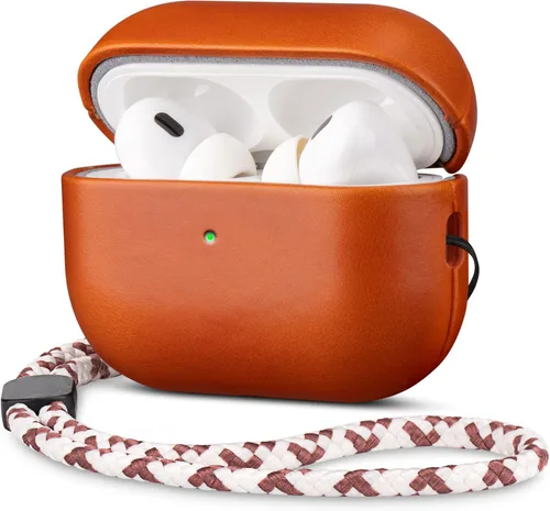 Miniatura 23 de Maogoam Funda de cuero genuino para AirPods Pro 2, botón de sincronización, diseño de clip en D con cordón de mano, funda de cuero encerado
