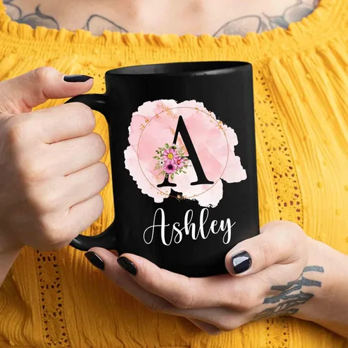 Miniatura 3 de Taza personalizada con nombre inicial, taza con monograma personalizado, 11 y 15 onzas, cerámica negra