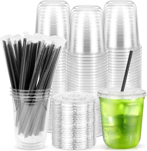 Paquete de 100 vasos de plástico transparente con tapas planas y pajitas, tazas desechables de 12 onzas para café helado, vasos de plástico para