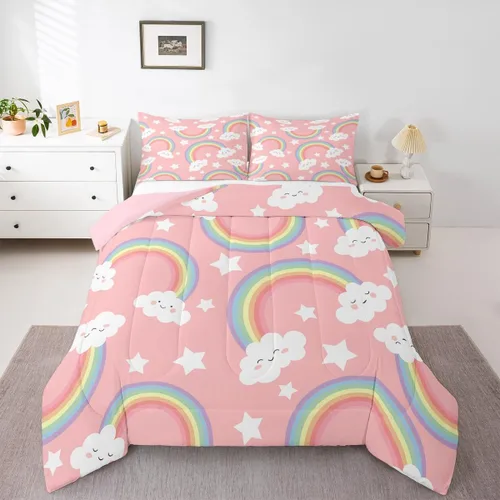 Miniatura 19 de Juego de Edredón de Princesa de Ballet para Niñas Tamaño Individual, Juego de Ropa de Cama de Castillo Arcoíris Kawaii Flores Lindas Mariquita Multi