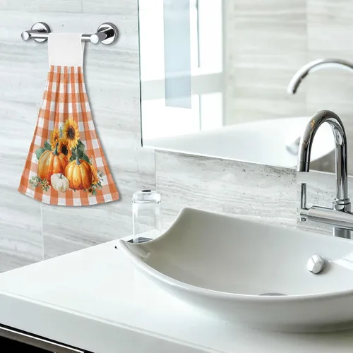 Miniatura 7 de Boccsty Toallas de Cocina Colgantes de Calabaza Otoñal 2 Piezas Cosecha Girasol Naranja Cuadros Buffalo Paños de Cocina con Lazo Toallas de Mano