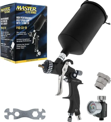 Miniatura 8 de Pistola Pulverizadora de Pintura Master Elite de Alto Rendimiento PRO-33 HVLP con Punta de 2.5mm, Copa de 1L, Medidor Regulador, Adaptador MPS