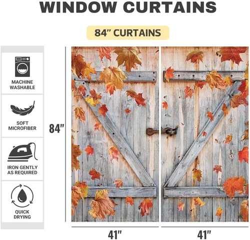 Miniatura 4 de Funnytree Cortina de otoño para ventana, diseño rústico de Acción de Gracias, con estampado de puerta de madera, decoración del hogar, bolsillo