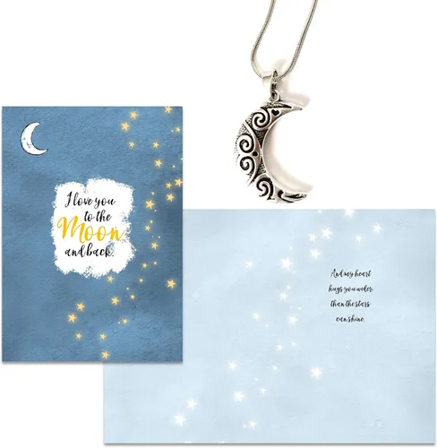 Smiling Wisdom - Juego de tarjeta de felicitación con texto en inglés "I Love You to the Moon and Back" y collar pequeño de luna celta - Mujer