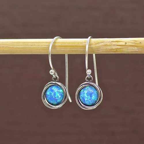 Miniatura 3 de Opal Earrings, Sterling Silver Dangle Earrings for women, Small round Blue Opal silver dangle earring, October Birthstone, Simple Opal earrings