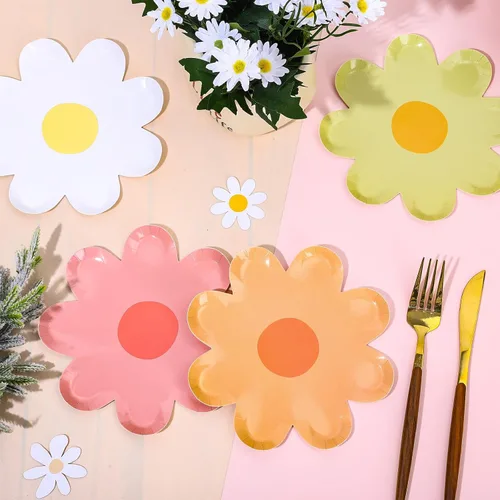 Miniatura 3 de AnyDesign 40 platos de papel de margaritas bohemias, desechables, para fiestas, 7 pulgadas, bandeja de comida floral de verano, plato de postre