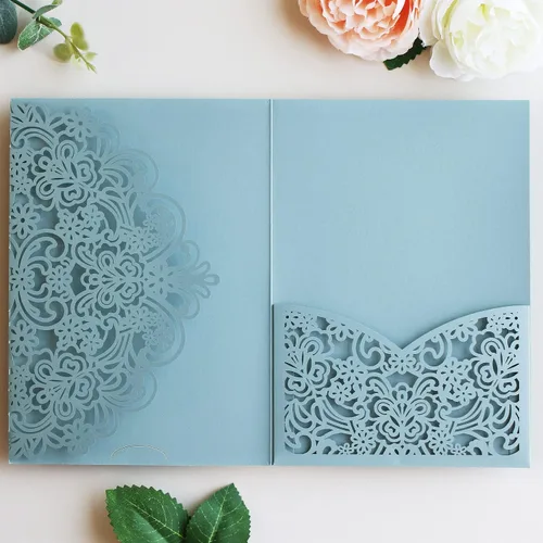 Miniatura 16 de Hosmsua 50 bolsillos de invitación de boda con purpurina morada, 5.12 x 7.2 pulgadas, corte láser, bolsillos de invitación de quinceañera de encaje