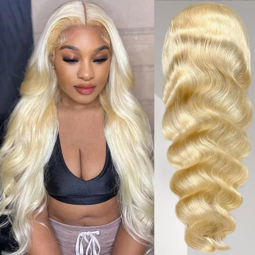 Miniatura 33 de Peluca de cabello humano con encaje frontal de onda corporal, rubio 613, brasileña 13x4, peluca frontal de encaje rubio de 200 densidad, nudos Rubio