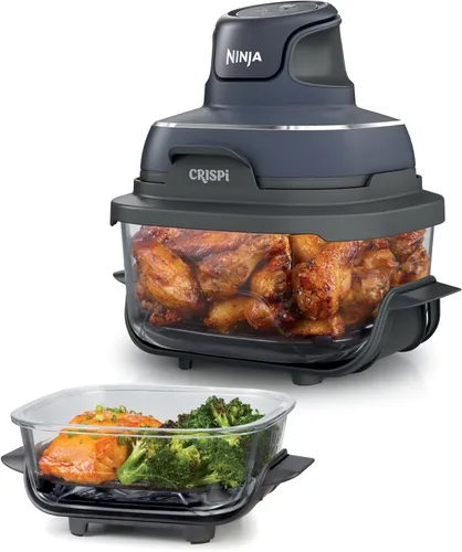 Ninja Crispi - Freidora de aire de vidrio 4 en 1 | Con recipientes de vidrio no tóxicos de 4 cuartos y 6 tazas y tapas | Apto para microondas, Gris