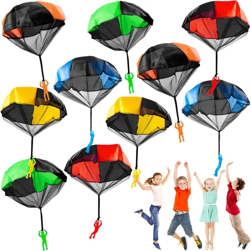 OJYUDD Paquete de 10 paracaídas para niños, figuras sin enredos, paracaídas, juguetes voladores para niños y niñas, para interiores y exteriores,