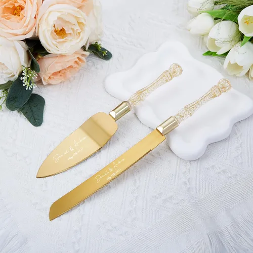 Juego de cuchillo personalizado para tartas y servidor, cuchillo y servidor para tartas doradas, cubiertos de boda personalizados para una ceremonia