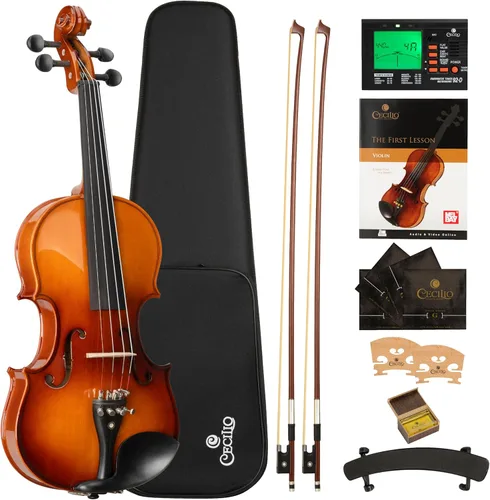 Cecilio Juego de violín 4/4 de tamaño completo violín para zurdos de madera maciza de ébano con cuerdas D'Addario Prelude | Juego completo con barniz