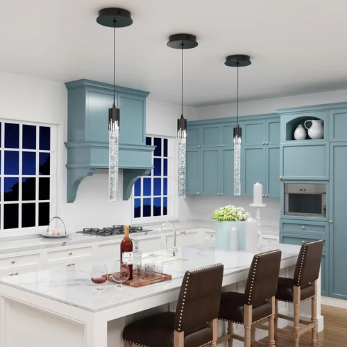 Miniatura 4 de Flashing God Luces colgantes negras modernas LED para isla de cocina, mini luz colgante de cristal con luz LED regulable de cristal de burbujas