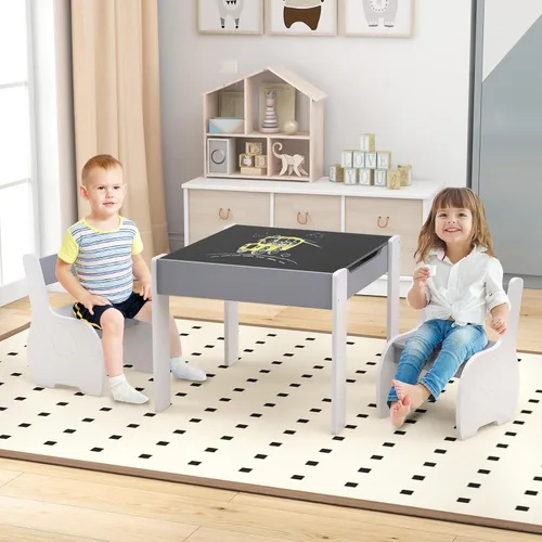 Miniatura 8 de Costzon Juego de mesa y silla para niños, mesa de actividades de madera 4 en 1 y 2 sillas con pizarra desmontable para arte, manualidades, dibujo