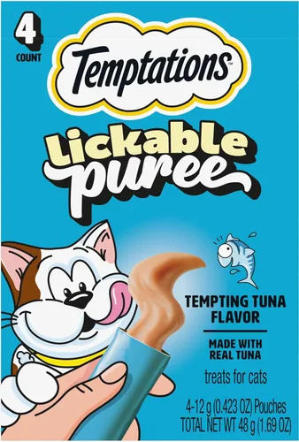 Miniatura 13 de Temptations Creamy Puree - Golosinas húmedas exprimibles para lamer para gatos con salmón, tubos de 0.42 onzas, 16