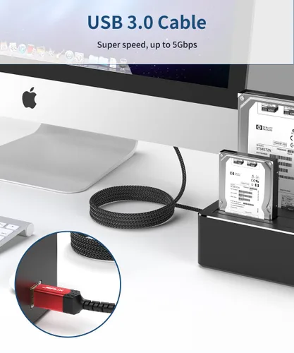 Miniatura 5 de Cable USB B 3.0, JSAUX USB A macho a B 3.0 macho (2M/6.6ft) Cable USB 3.0 tipo B de alimentación trenzado de nylon Compatible con estación de Negro
