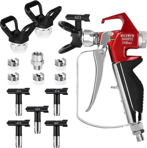 Pistola de pintura sin aire de 3600 PSI con 5 puntas de pulverización reversibles y 2 protectores de puntas, compatible con pulverizador de pintura