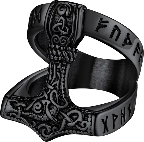 FaithHeart Norse Viking Jewelry - Anillo de acero inoxidable de guerrero para hombre con diseño vikingo de cabeza de lobomartillo de Thor,